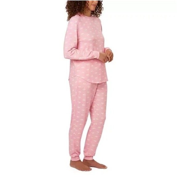 LOFT Ladies 2-Piece Pajama Set Crew Neck Jogger Pink W/Dragonflies Size XS - Picture 4 of 7